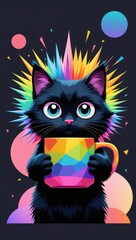 Obraz premium Vibrant illustration of a black cat holding a colorful geometric mug with a rainbow aura on a dark background