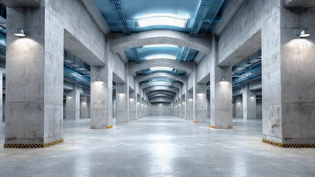 Underground warehouse: Rows of sturdy concrete columns and beams define a large, underground warehouse space illuminated by cool, atmospheric lighting, inviting exploration and industrial use.