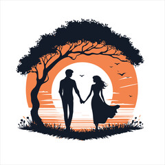 Silhouette Couple Holding Hands at Sunset Under Tree Illustration