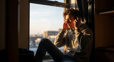 Contemplative Teen with Headphones Gazing Out Window at Sunset, Golden Hour