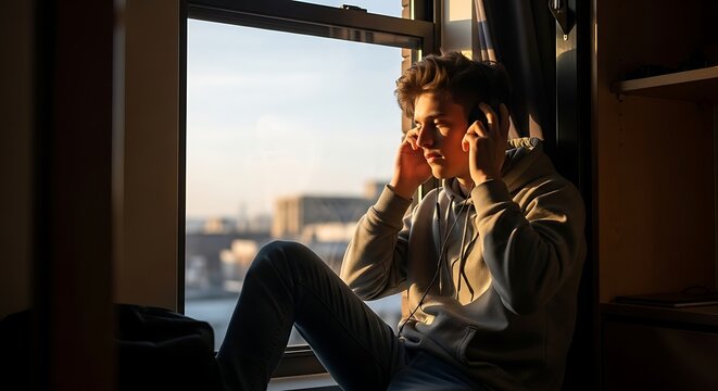 Contemplative Teen with Headphones Gazing Out Window at Sunset, Golden Hour - Powered by Adobe