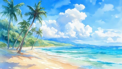 ヤシの木と青い海が広がる南国ビーチのイラスト_2