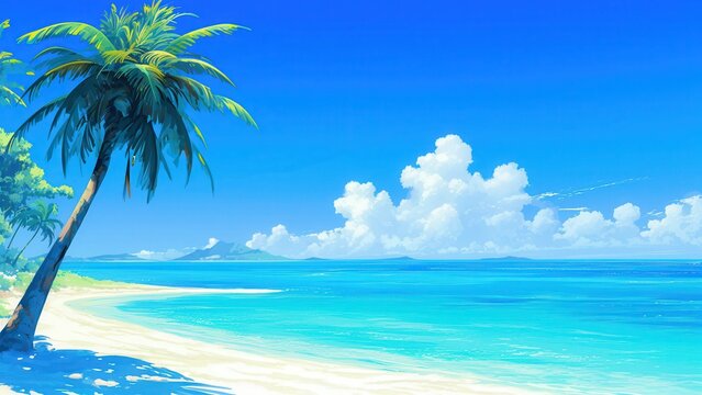ヤシの木と青い海が広がる南国ビーチのイラスト_4