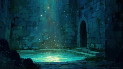 古代遺跡の中庭と光る泉のファンタジーイラスト_1