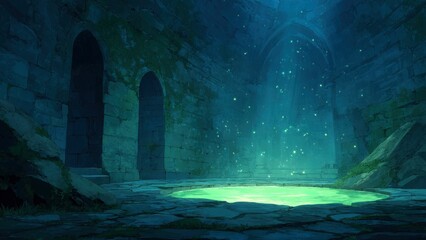 古代遺跡の中庭と光る泉のファンタジーイラスト_2