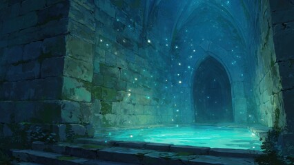古代遺跡の中庭と光る泉のファンタジーイラスト_4