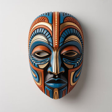 Elaborate Tribal Mask With Geometric Details In Blue Brown And Gold.