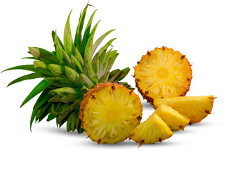 Pineapple with half and slices isolated on a white background