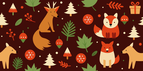 Funny cartoon animal seamless pattern set with cats, deer, and Halloween illustrations