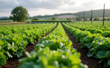 neatly arranged rows of organic crops in a farm setting. High quality