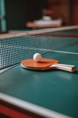 Ping Pong Paddle and Ball on Table, Representing Recreation, Competition, and Leisure Activities : Generative AI