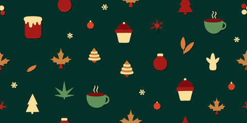 Christmas seamless pattern with festive holiday icons like trees, gifts, and snowflakes