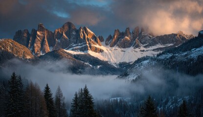 Snowy Mountain Range at Sunrise With Fog, Showcasing Natural Beauty and Adventure Tourism : Generative AI