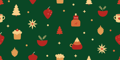 Seamless Christmas pattern with trees, Santa, and snowman icons, perfect for holiday gift decoration