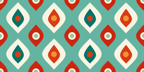 An abstract geometric floral and heart seamless pattern creates a vibrant retro vector illustration for textile fabric, paper, or vintage decor wallpaper