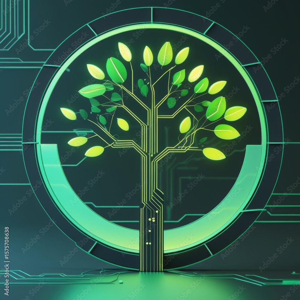 Poster futuristic tree with glowing green leaves and circuit-like branches in a digital circular frame