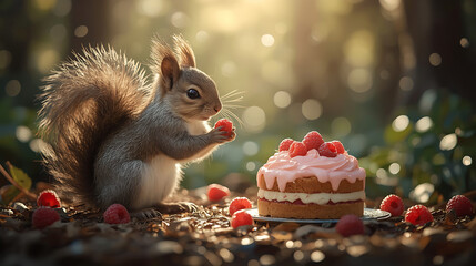 A charming squirrel in a magical forest clearing, holding a raspberry, is surrounded by a pink cake and a fairytale-like atmosphere, enchanting with realistic textures and lighting.