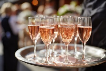 Rose Champagne Glasses on Silver Tray at Elegant Event, Representing Celebration and Luxury Lifestyle : Generative AI