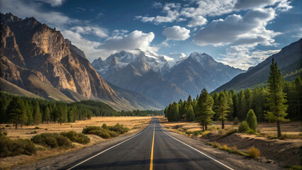 Fototapeta premium Winding asphalt highway cuts through a summer mountain landscape under a vast sky, offering an empty, scenic journey through nature
