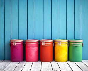 Vibrant Colorful Paint Cans on Wooden Background