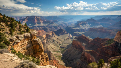 Grand Canyon National Park in Arizona, USA, offers a breathtaking view of a red rock desert landscape with mountains, sky