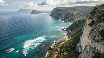 Gazing down from the towering cliff, a breathtaking Mediterranean landscape unfolds, revealing the azure sea, a pristine coastline, and distant islands under a vast summer sky
