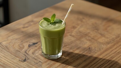 "Healthy Green Smoothie with Spinach, Mint Leaves, and Paper Straw, Clean Mockup"
