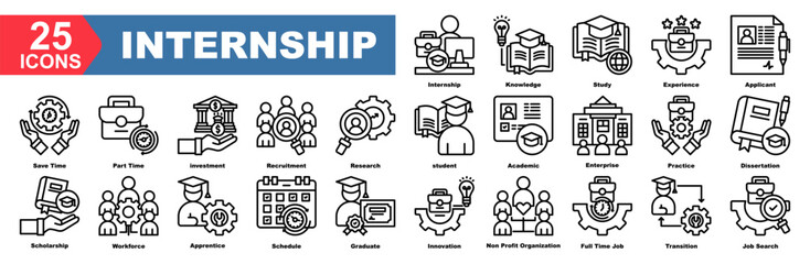 Internship icon collection set.Knowledge,Study,Experience,Applicant,Save Time,Part Time,investment.Simple line vector.