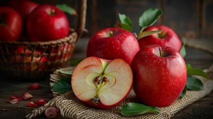 Vibrant red fresh apples with leaves on wooden table image. Juicy organic vegan dessert from garden photography scene photorealistic. Country still life concept photo realistic