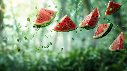 Levitating watermelon slices and leaves in blurry green backdrop image. Delicious healthy fruit pieces in water photography scene photorealistic. Summer dessert concept photo realistic