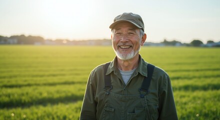 Senior farmer man smiling field sunset golden hour green overalls cap. Elderly agricultural worker portrait beard. Rural farming retirement concept