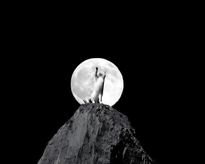 Majestic feline atop a mountain peak under a full moon.