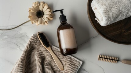 Serene Spa Day: Aesthetic Arrangement of Self-Care Essentials on Marble Surface for Wellness and Tranquility with Dark Brown Glass Bottle