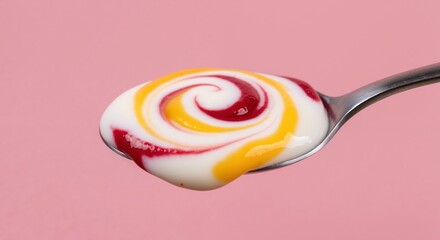 Yogurt spoon swirl red yellow sauce pink background. Creamy dairy product fruit topping dessert. Healthy breakfast snack concept