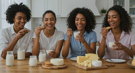 African american women eating cheese crackers kitchen laughing together. Female friends enjoying dairy snacks social gathering. Friendship food concept