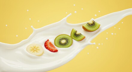 Milk splash fruits kiwi strawberry banana yellow background. Dairy product fresh berries dynamic motion. Healthy nutrition concept