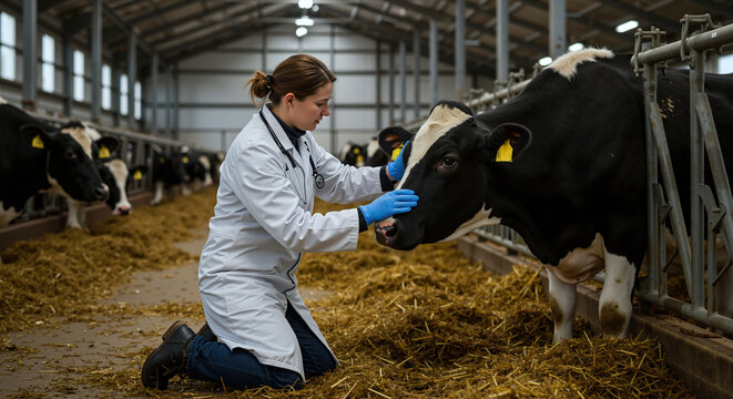 Female veterinarian examining black holstein cow barn facility white coat stethoscope. Woman doctor checking cattle livestock health. Animal healthcare concept