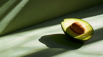 Avocado half with bone in shady room banner image. Fresh cut tropical fruit with creamy flesh photo-realistic background blurred. Healthy eating concept photography copy space