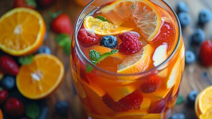 Delicious cocktail of oranges and berries in glass image closeup. Vitamin rich tropical drink with fruits close-up photography. Refreshing punch for party concept photo realistic