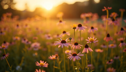 Fototapeta premium Field of Echinacea Flowers Bathed in the Warm Glow of Sunset Sunlight