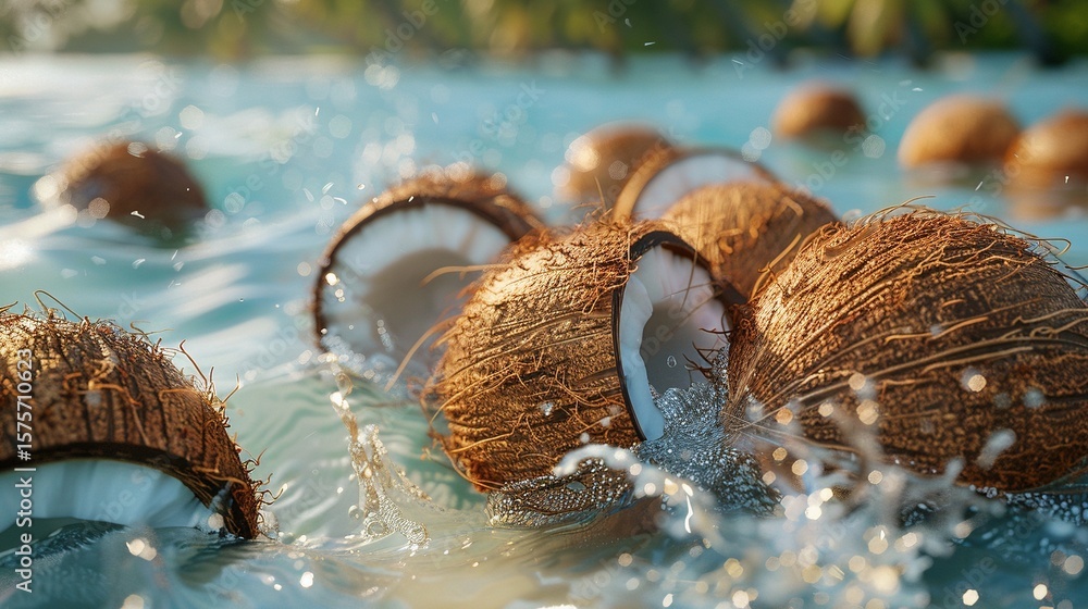 Poster cut coconuts floating in pool water closeup image. exotic fruits with brown shell in splashes photog