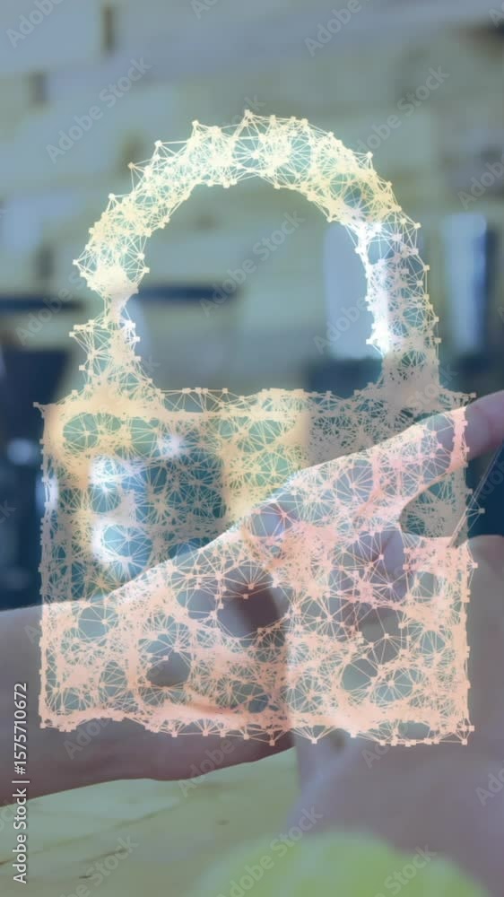 Poster animation of network security padlock over people using payment terminal