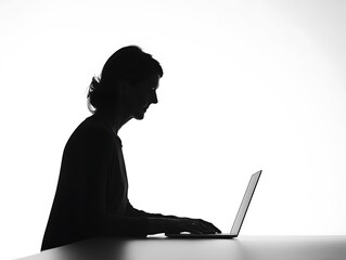 Silhouette of a person working on a laptop.