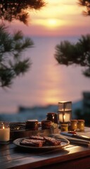 Naklejka premium Grilled Steak on a Table at Sunset Overlooking the Ocean, Representing Culinary Luxury and Outdoor Dining Experiences : Generative AI