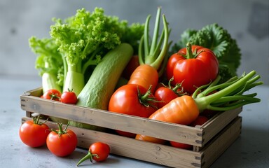 Fresh organic vegetables in wooden box on gray. High quality