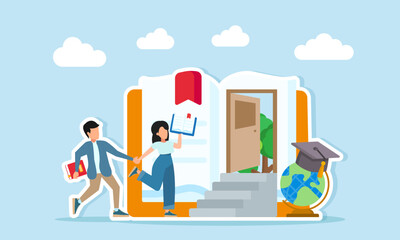 Young woman holding a book pulling a young man toward a door on an open book page near a globe and graduation cap illustration of expanding knowledge through world encyclopedia