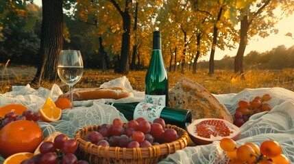 Fancy picnic with wine and fruits in autumn park image. Outdoor meal with gourmet snacks at fall season photography scene photorealistic. Holiday dinner concept photo realistic