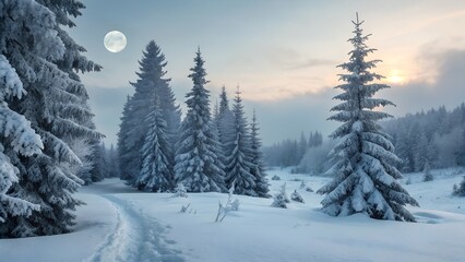 Serene Winter Wonderland Landscape with Full Moon and Snowy Trees