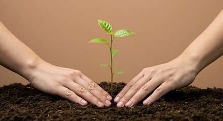 Hands protecting green plant seedling soil brown background. Environmental care growth protection concept. Sustainability agriculture gardening