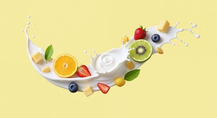 Milk splash fruits berries yellow background dairy beverage. Fresh white liquid strawberry orange kiwi nutrition. Healthy drink concept